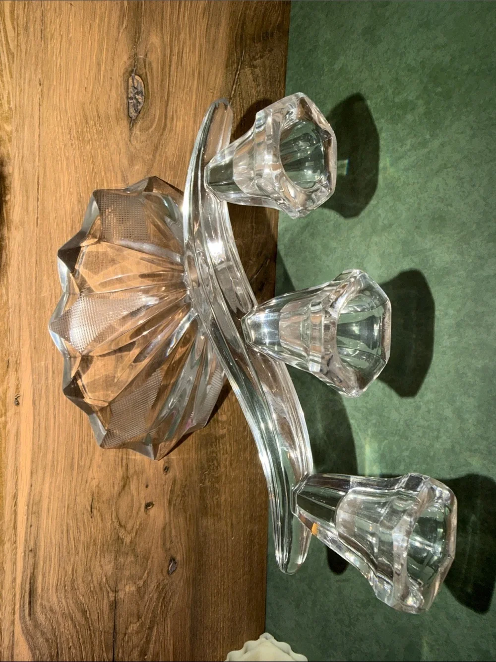 Vintage Crystal 3 Arm Candle Holder - Clear Glass set of two